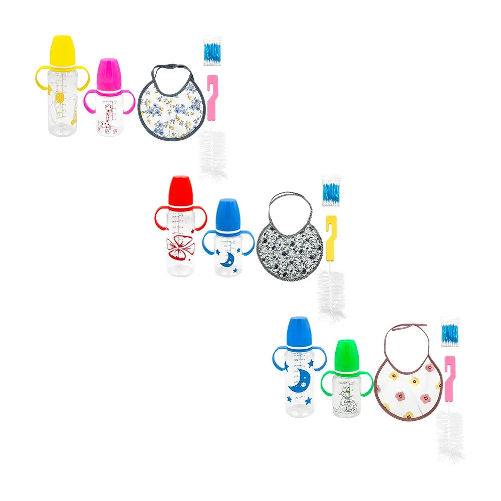 GDL Baby Feeding Supplies Kit with Printed Bib Cotton Swabs Cleaning Brush 2 Bottles of 125-240 ml