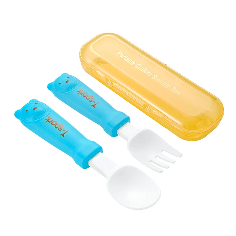 Children's cartoon tableware fork and spoon, baby feeding fork spoon set, Cute little bear baby safe food grade feeding spoon.