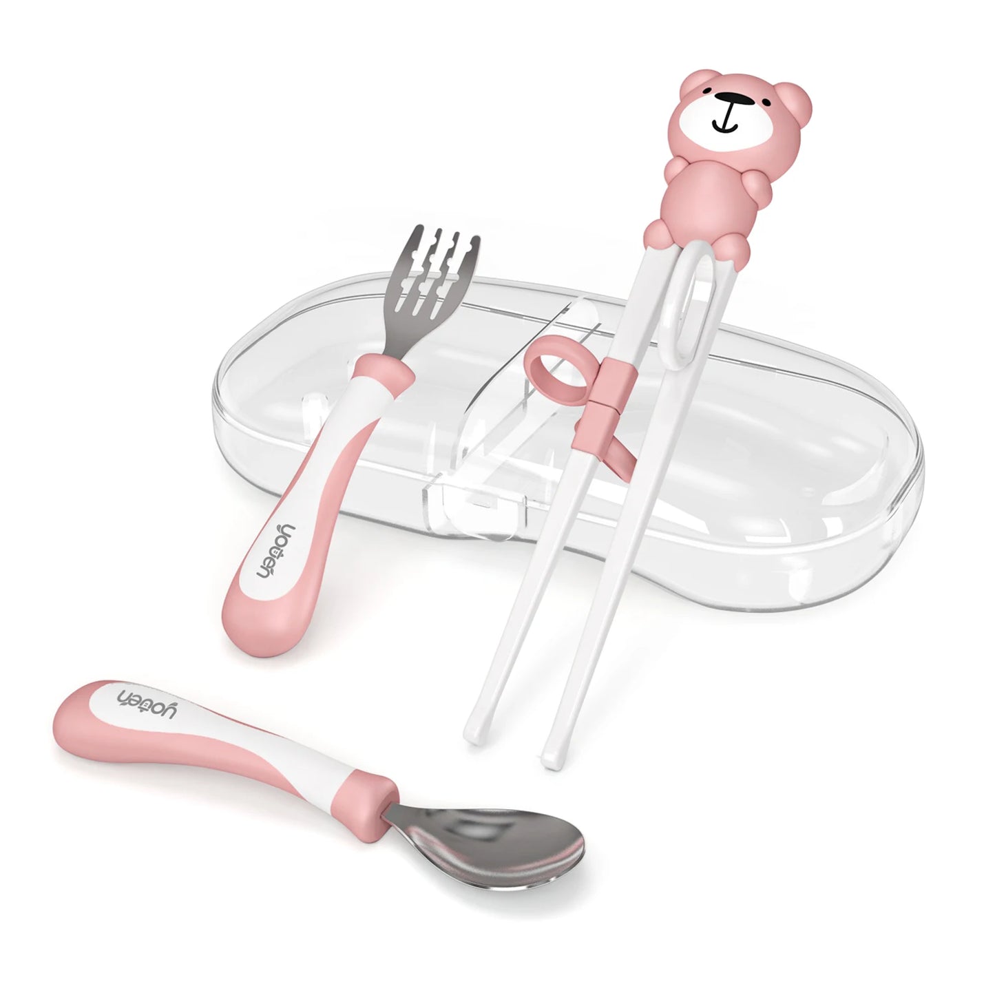 Kids Forks Training Chopsticks Flat Edge Stainless Steel Fork Spoon Grooved Baby Feeding Tableware Set With Case