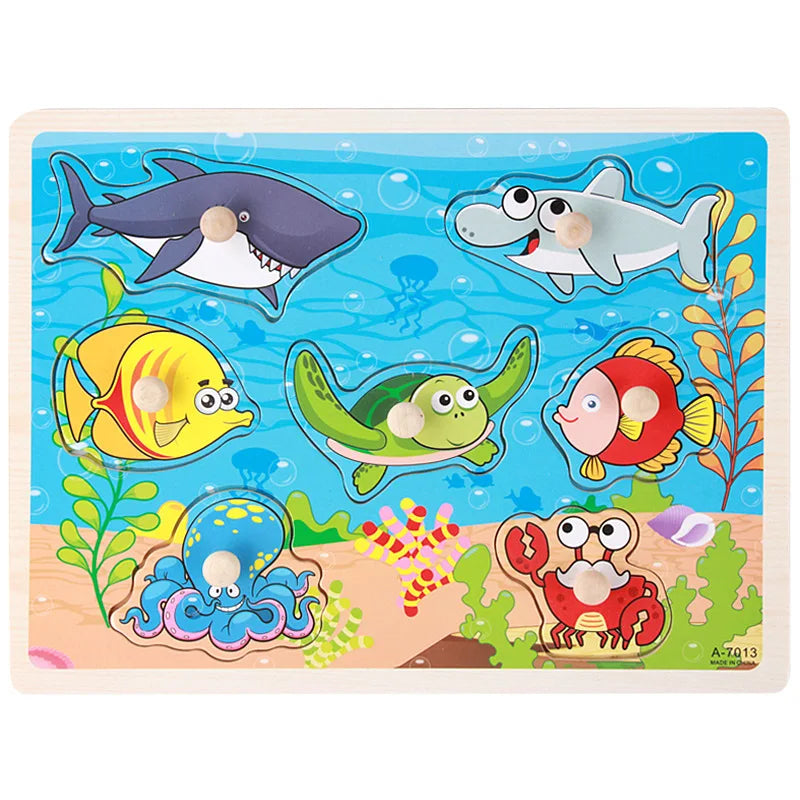 30cm Baby Toys Montessori Wooden Puzzle Hand Grab Board Educational Wood Puzzles for Kids Cartoon Animal Vehicle Child Gift