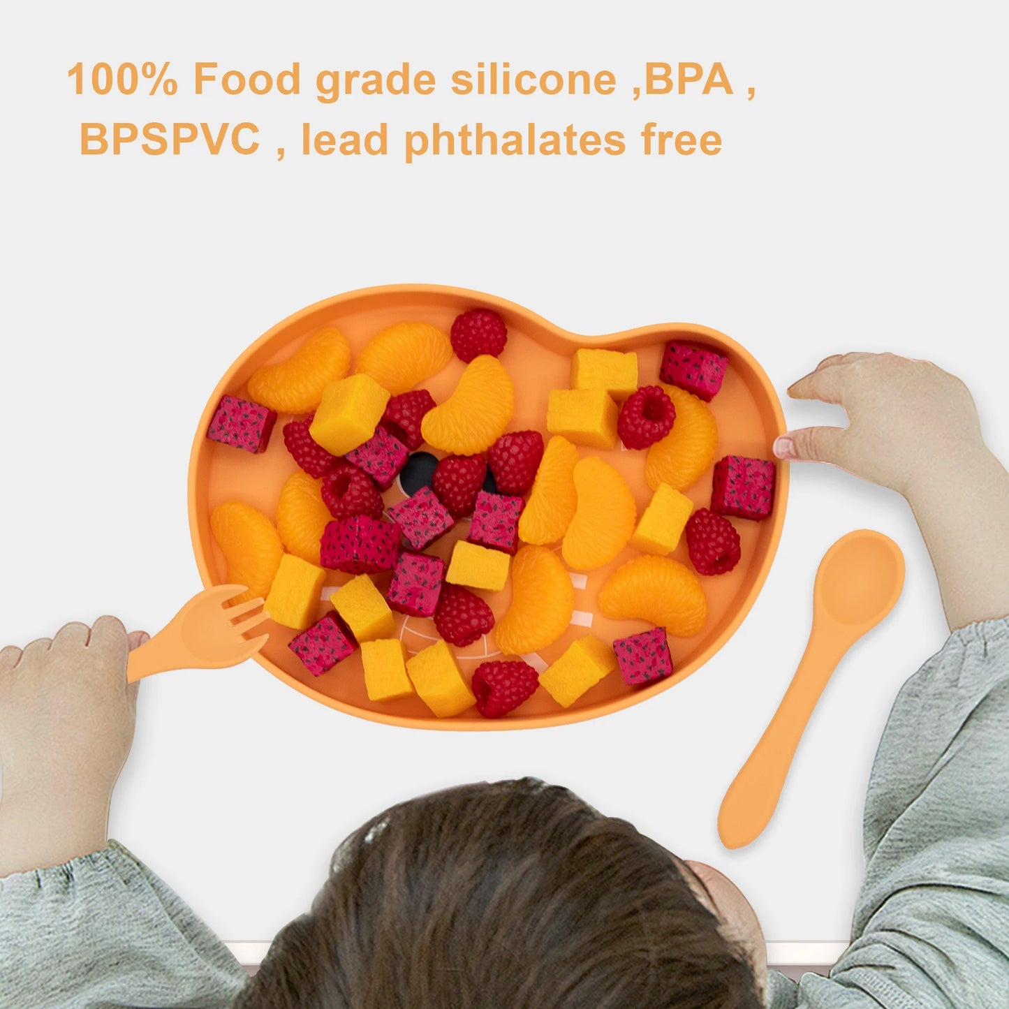 Quick delivery, high quality, easy to grip, spill proof silicone baby feeding set, cartoon food tray, spoon and fork