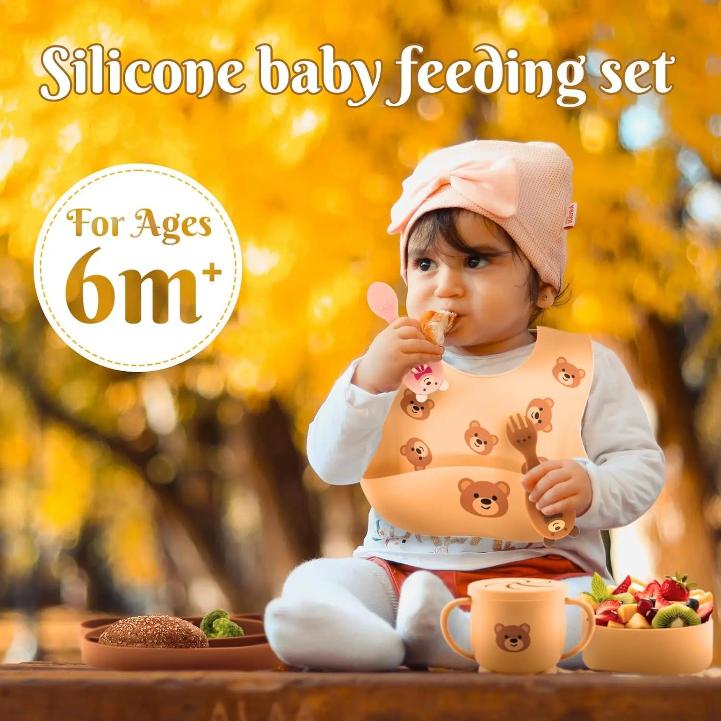 Factory Custom New Design BPA Free Food Grade Silicone Bib Bowl Plate Spoon Fork Dinner Feeder Silicone Baby Feeding Set