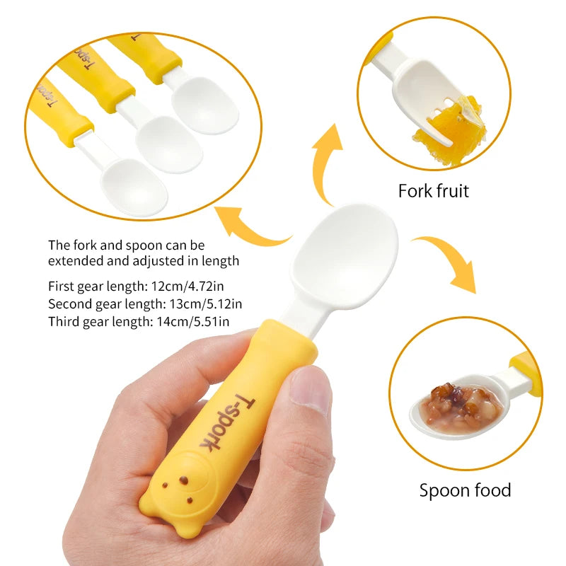 Children's cartoon tableware fork and spoon, baby feeding fork spoon set, Cute little bear baby safe food grade feeding spoon.