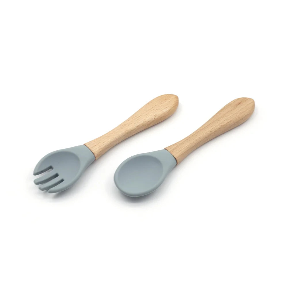 New Design Banana High Quality BPA Free Soft Baby Feeding Training Spoon Silicone Baby Wooden Handle Spoon Fork