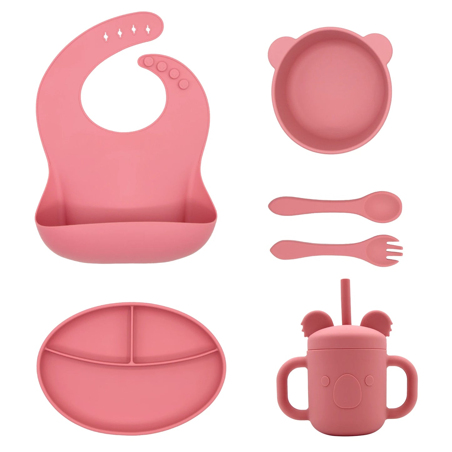 Wholesale Food Grade Non Toxic Silicone Baby Feeding Set with Bib Plate Cup Spoon Fork for Toddler Mealtime