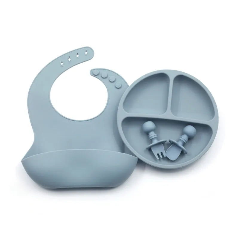 Wholesale Hot Food Safe Silicon Children Divided Plate Kids Spoon and Bib Silicone Baby Feeding Set