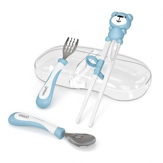 Kids Forks Training Chopsticks Flat Edge Stainless Steel Fork Spoon Grooved Baby Feeding Tableware Set With Case