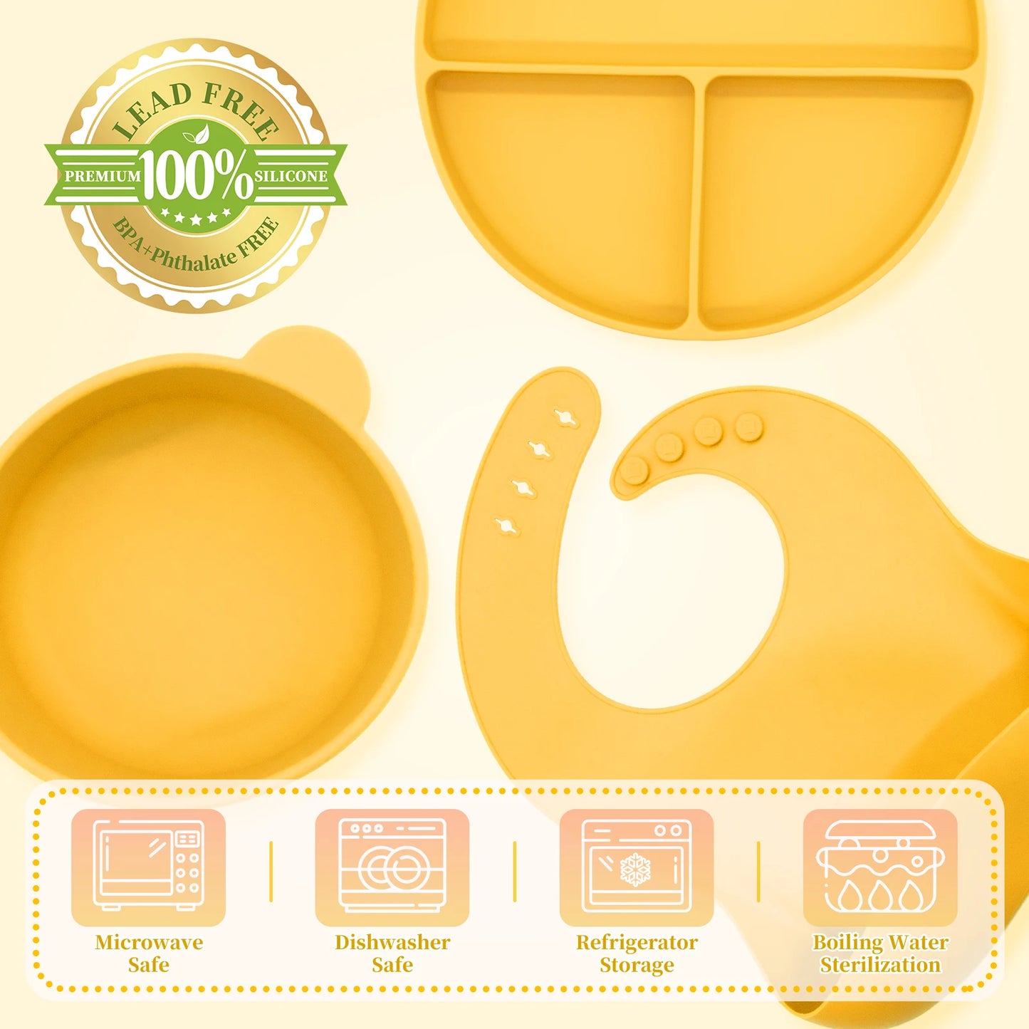 Customizable Safe BPA-Free Silicone Baby Feeding Set Classic Design Style Classic Baby Training Bowl and Plate Packaged in Box