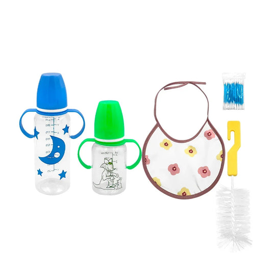 GDL Baby Feeding Supplies Kit with Printed Bib Cotton Swabs Cleaning Brush 2 Bottles of 125-240 ml
