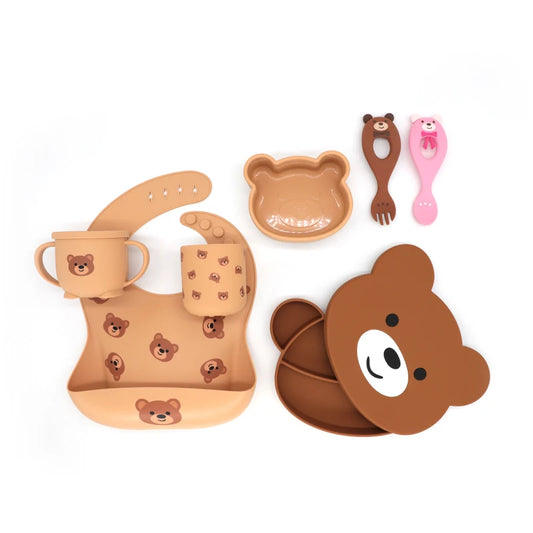 Factory Custom New Design BPA Free Food Grade Silicone Bib Bowl Plate Spoon Fork Dinner Feeder Silicone Baby Feeding Set