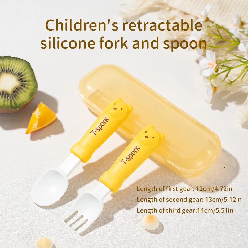 Children's cartoon tableware fork and spoon, baby feeding fork spoon set, Cute little bear baby safe food grade feeding spoon.