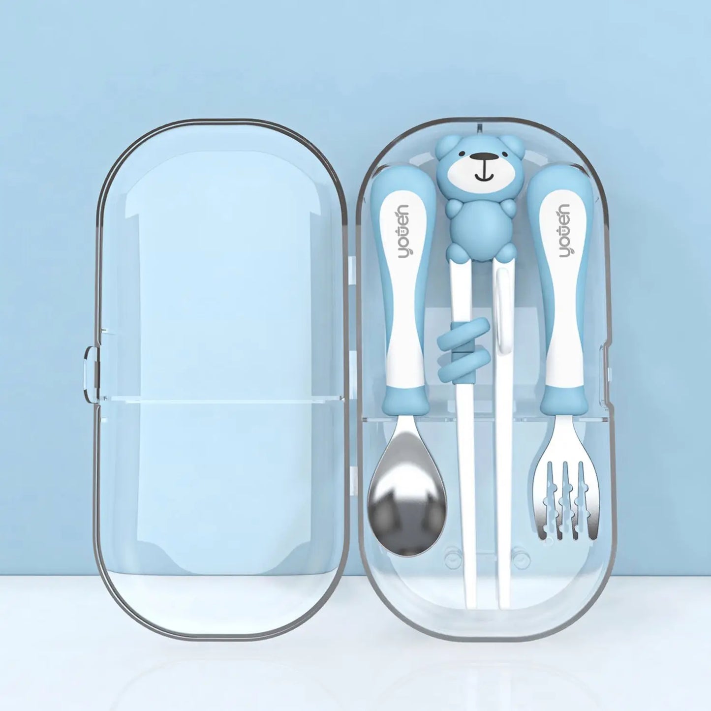 Kids Forks Training Chopsticks Flat Edge Stainless Steel Fork Spoon Grooved Baby Feeding Tableware Set With Case