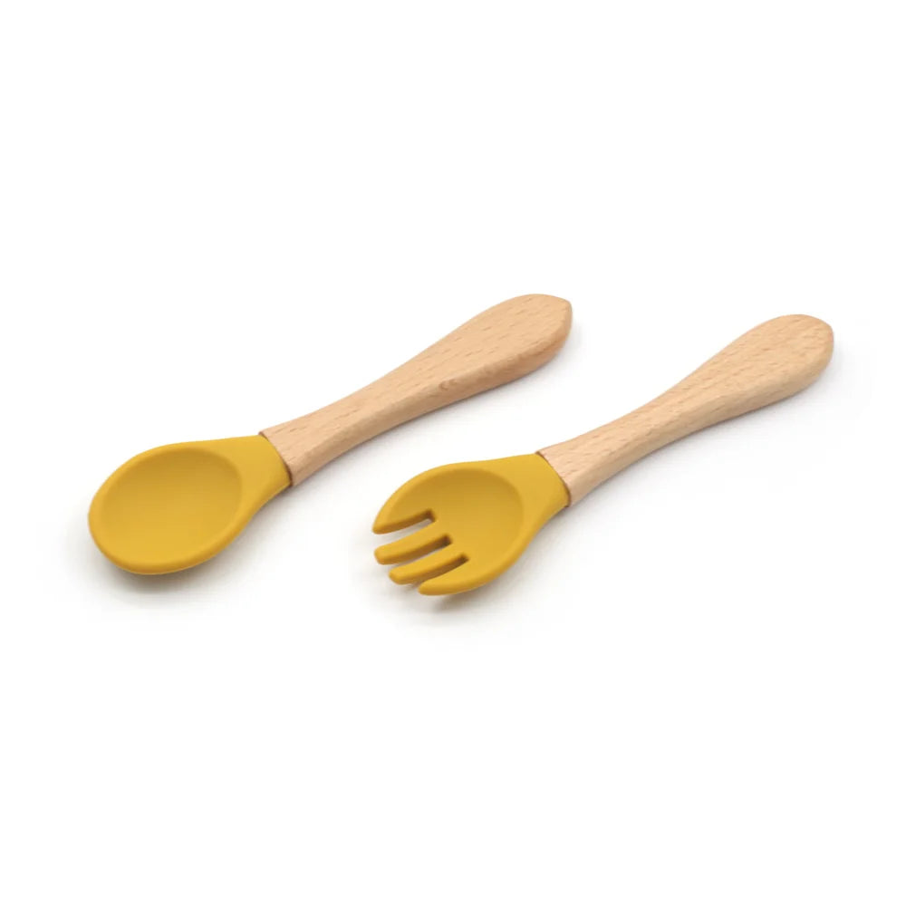 New Design Banana High Quality BPA Free Soft Baby Feeding Training Spoon Silicone Baby Wooden Handle Spoon Fork