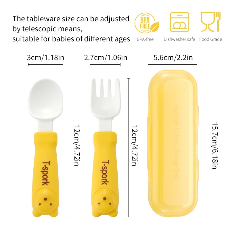 Children's cartoon tableware fork and spoon, baby feeding fork spoon set, Cute little bear baby safe food grade feeding spoon.