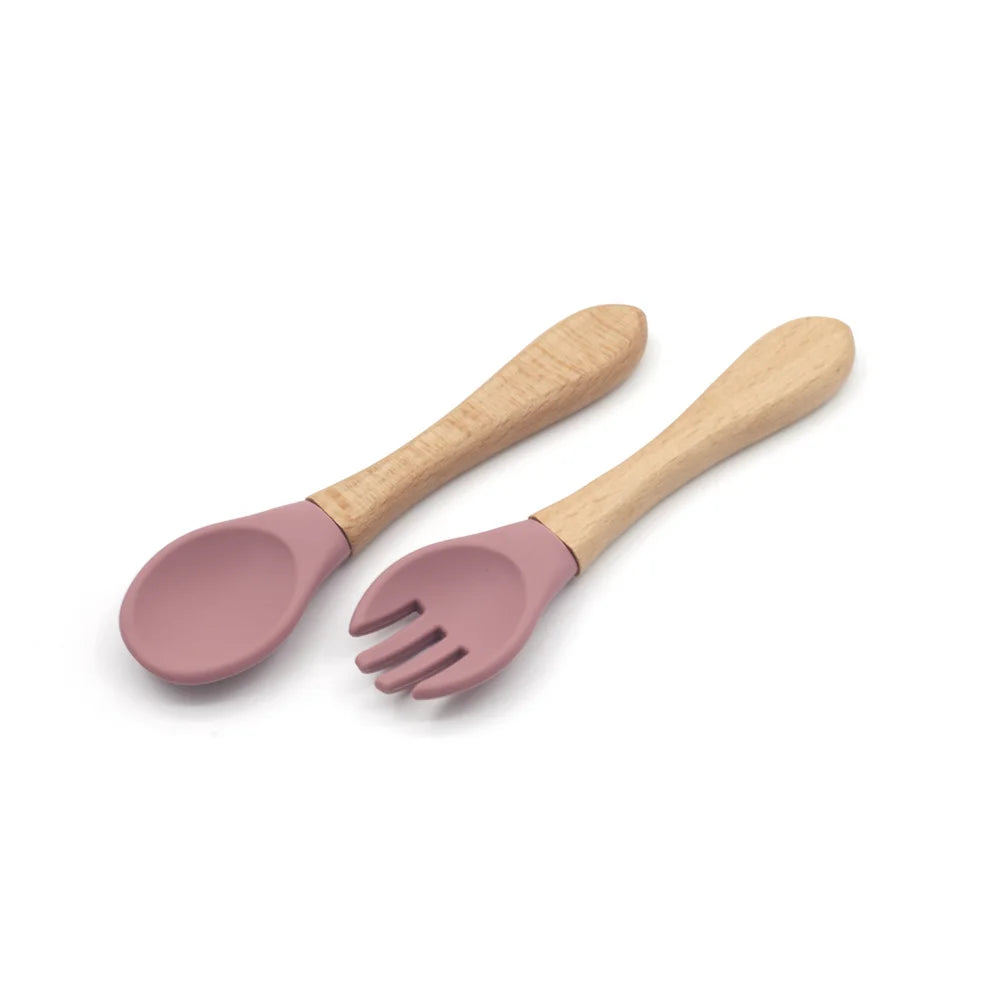 New Design Banana High Quality BPA Free Soft Baby Feeding Training Spoon Silicone Baby Wooden Handle Spoon Fork