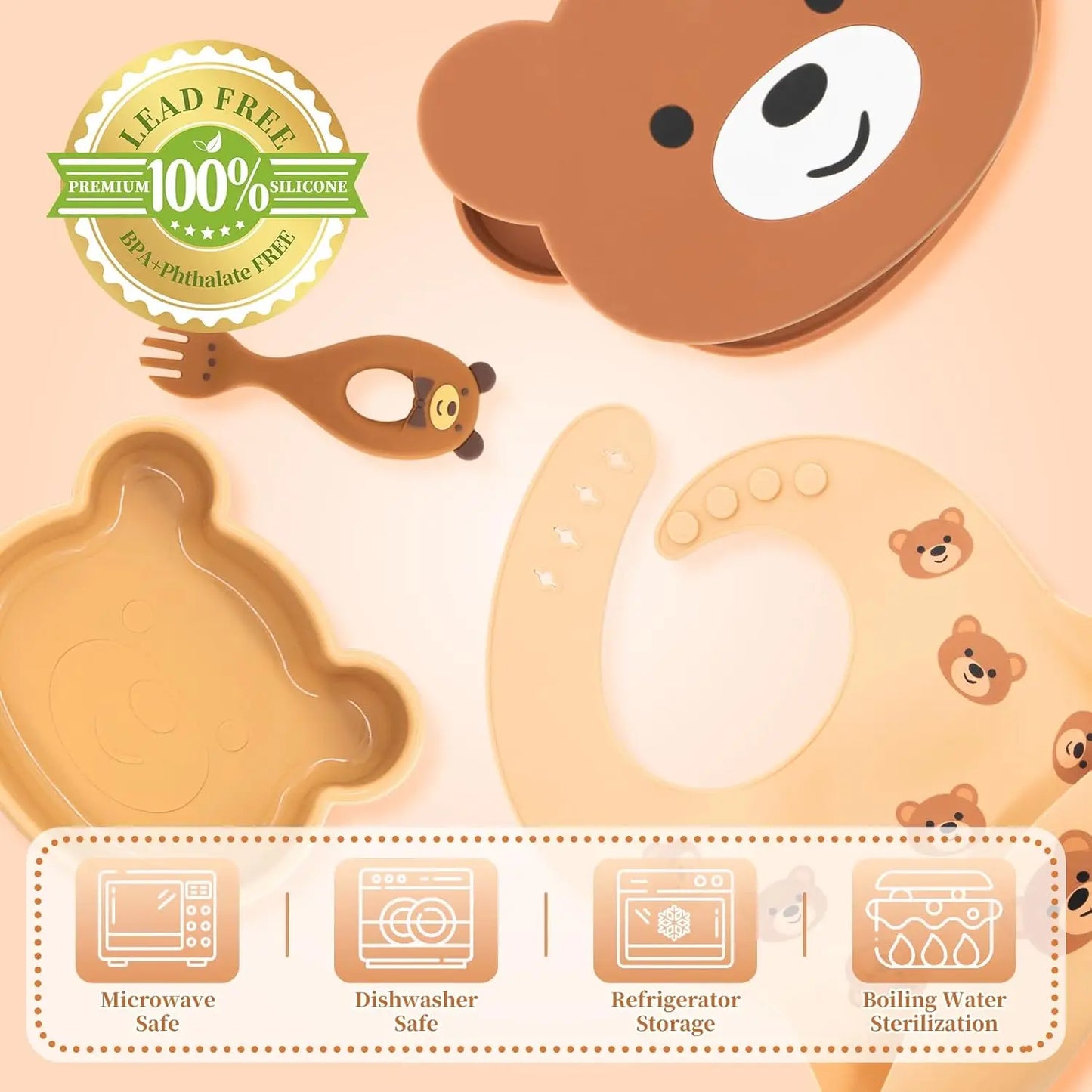 Factory Custom New Design BPA Free Food Grade Silicone Bib Bowl Plate Spoon Fork Dinner Feeder Silicone Baby Feeding Set