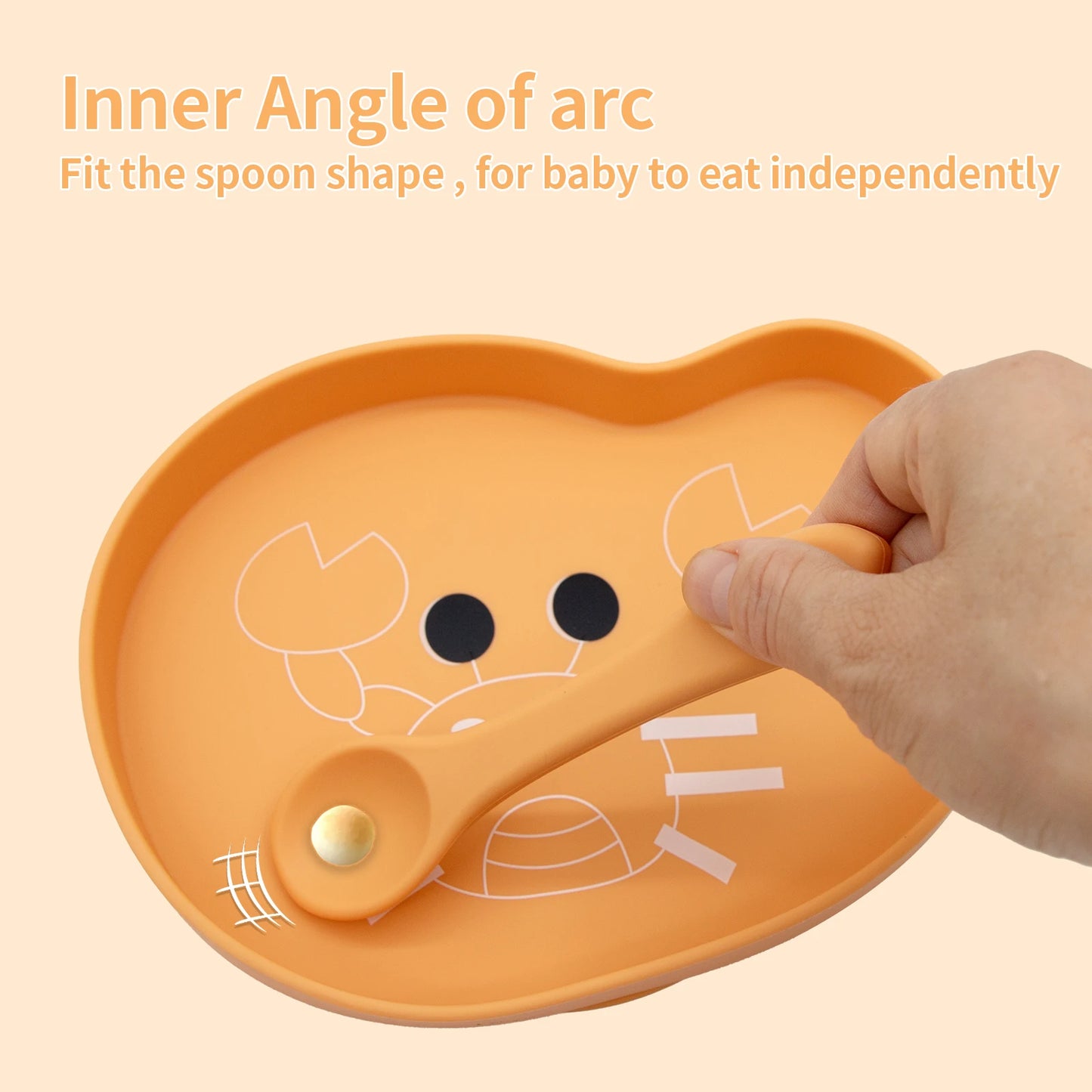 Quick delivery, high quality, easy to grip, spill proof silicone baby feeding set, cartoon food tray, spoon and fork