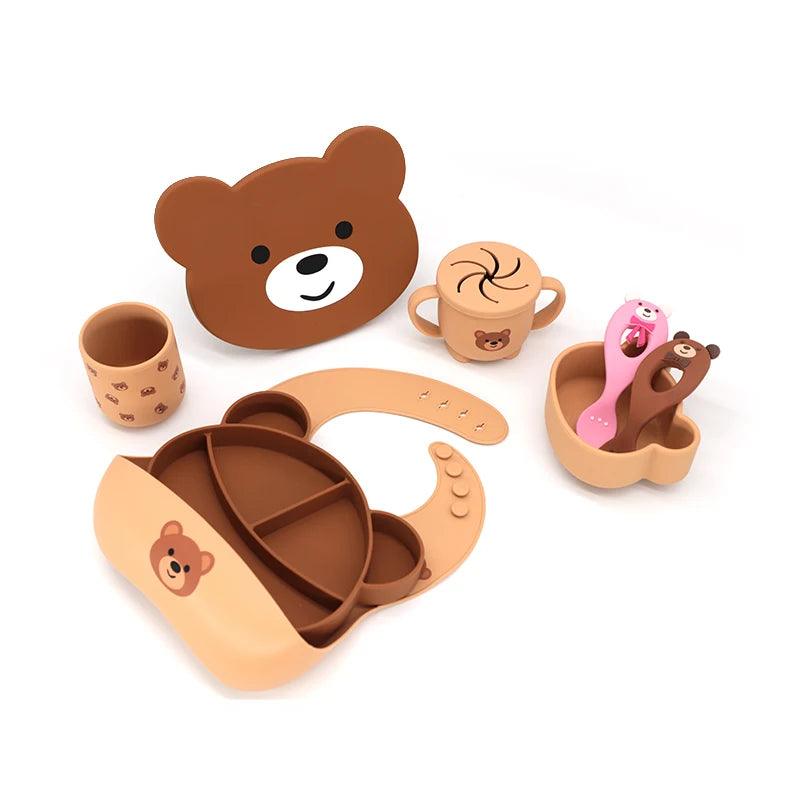 Factory Custom New Design BPA Free Food Grade Silicone Bib Bowl Plate Spoon Fork Dinner Feeder Silicone Baby Feeding Set