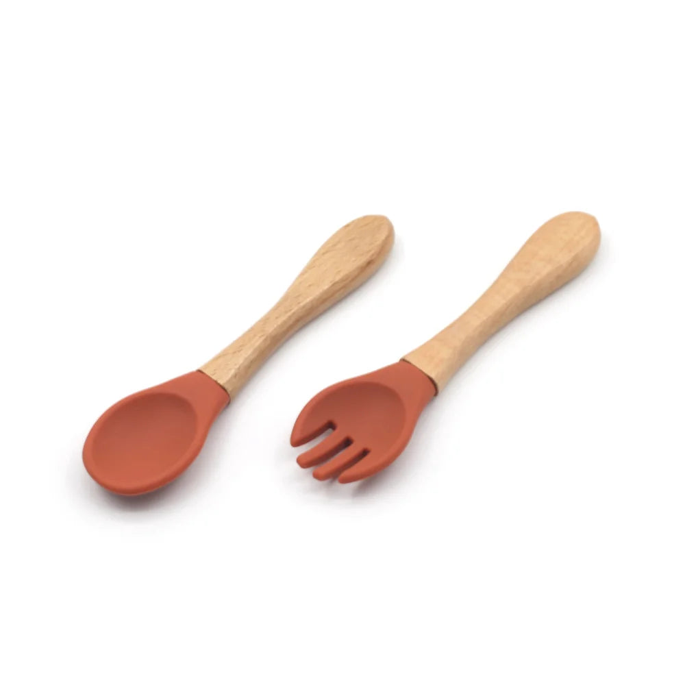 New Design Banana High Quality BPA Free Soft Baby Feeding Training Spoon Silicone Baby Wooden Handle Spoon Fork
