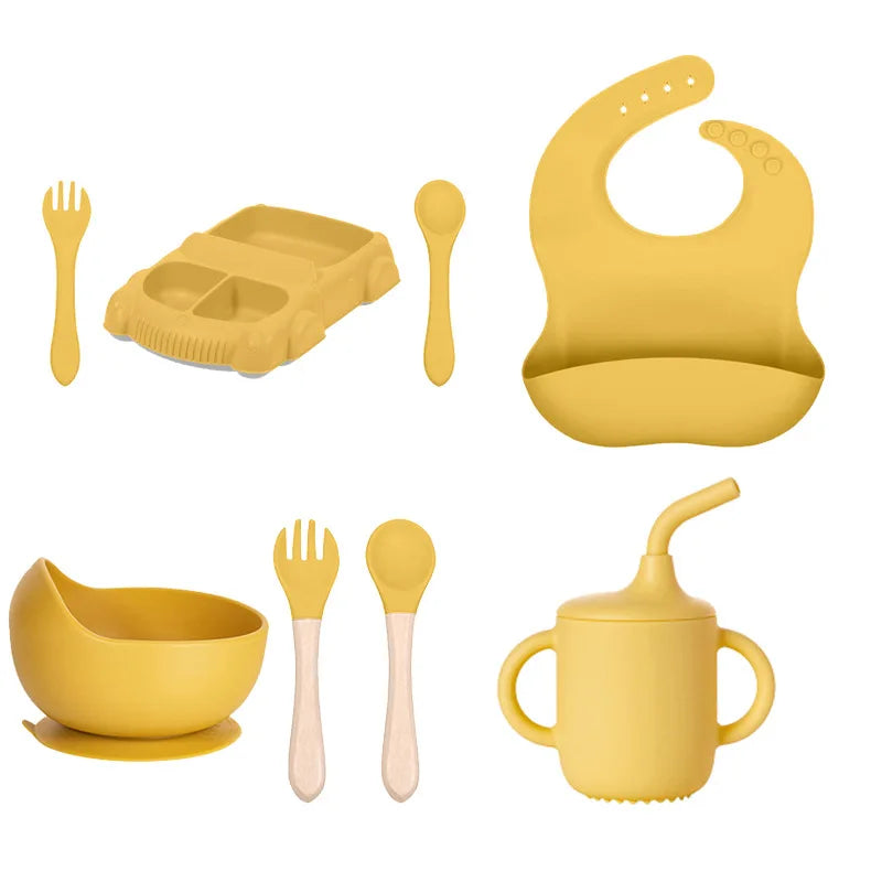 2024 Am Azon Bpa Free Baby Non-slip Children Weaning Baby Feeding Set Suction Kids Dining Silicone Baby Cup Bib Spoon Plate Bowl