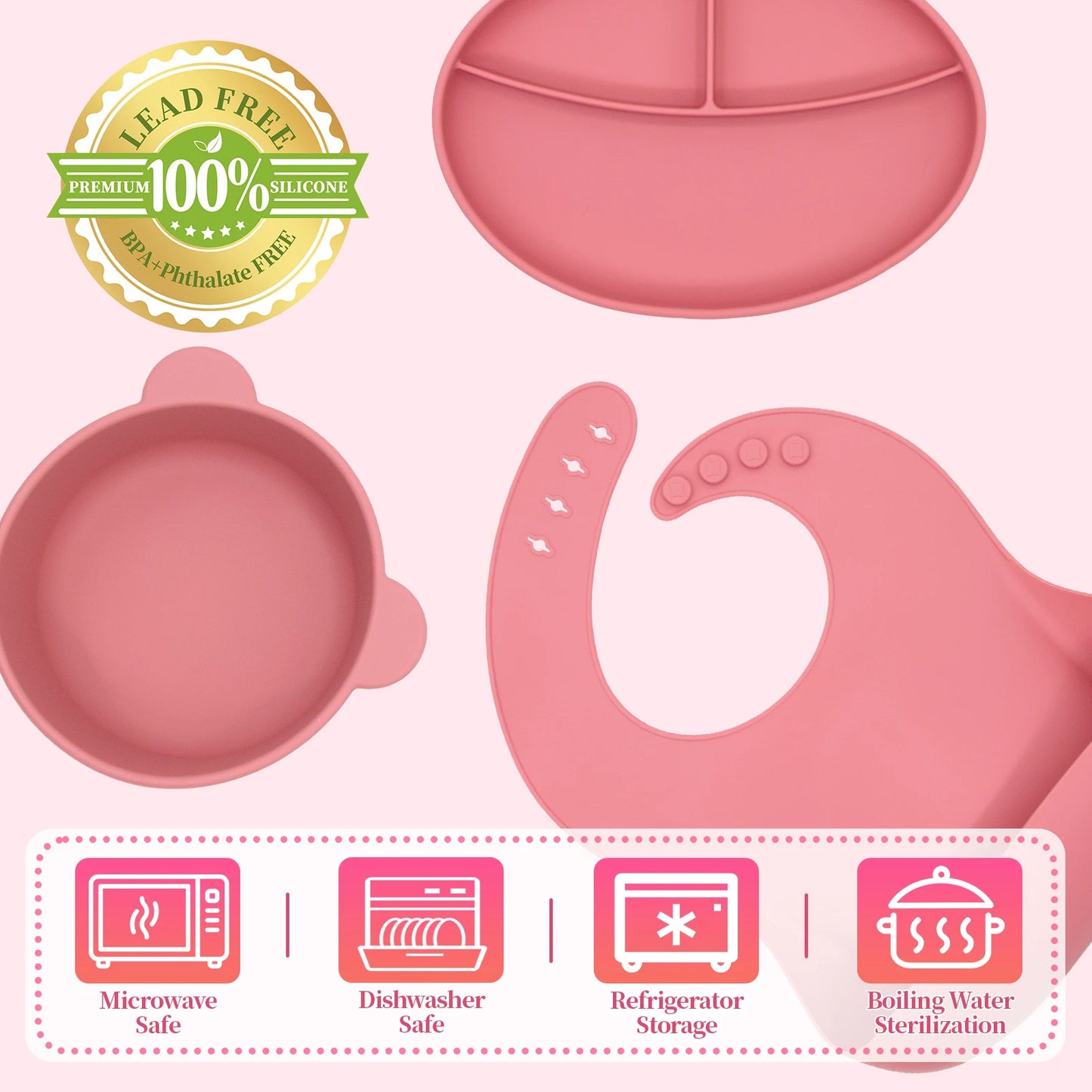 Wholesale Food Grade Non Toxic Silicone Baby Feeding Set with Bib Plate Cup Spoon Fork for Toddler Mealtime