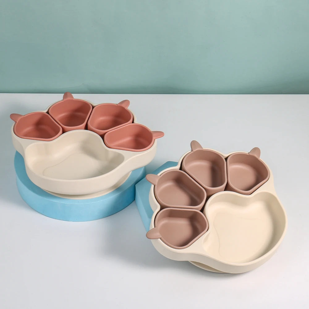 Customized Food Grade Silicone Divided Kids Dishes Toddler Feeding Plate Silicone Baby Plate With Suction Baby Feeding Set