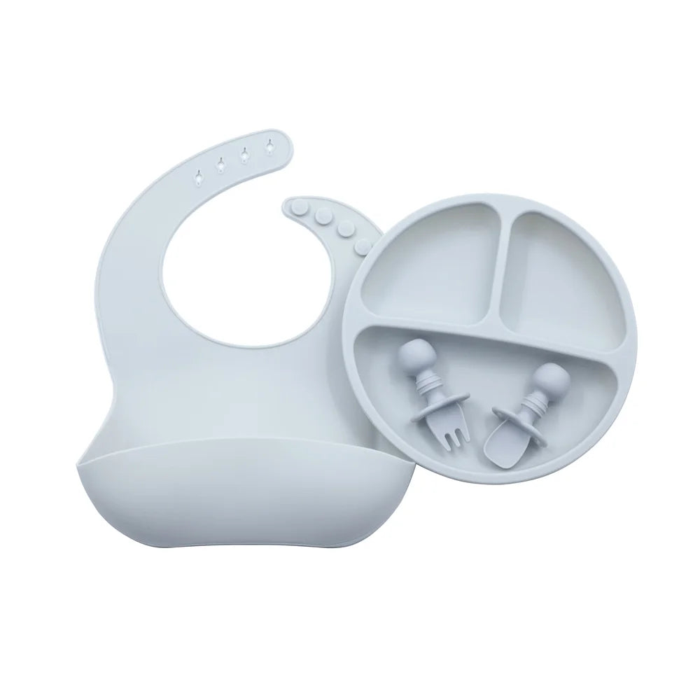 Wholesale Hot Food Safe Silicon Children Divided Plate Kids Spoon and Bib Silicone Baby Feeding Set