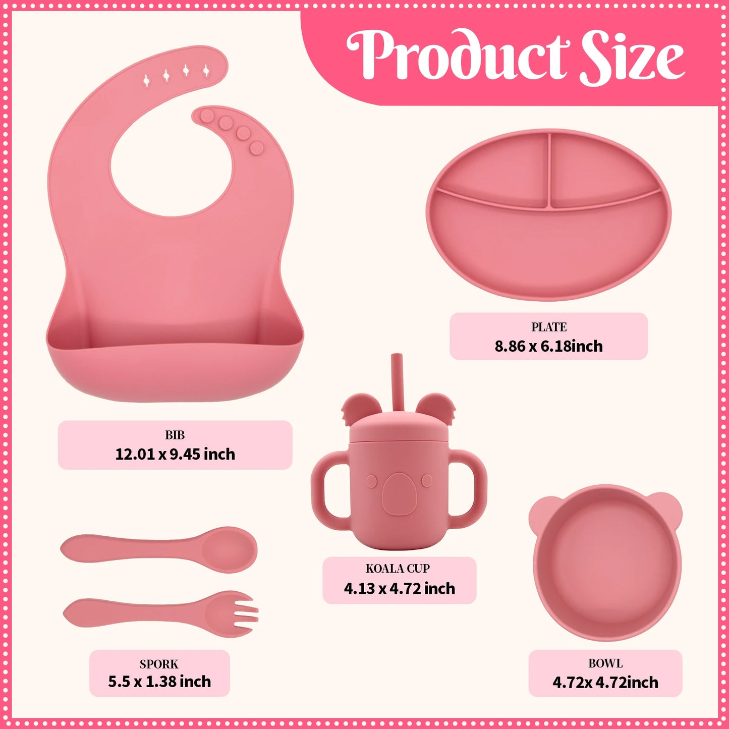 Wholesale Food Grade Non Toxic Silicone Baby Feeding Set with Bib Plate Cup Spoon Fork for Toddler Mealtime