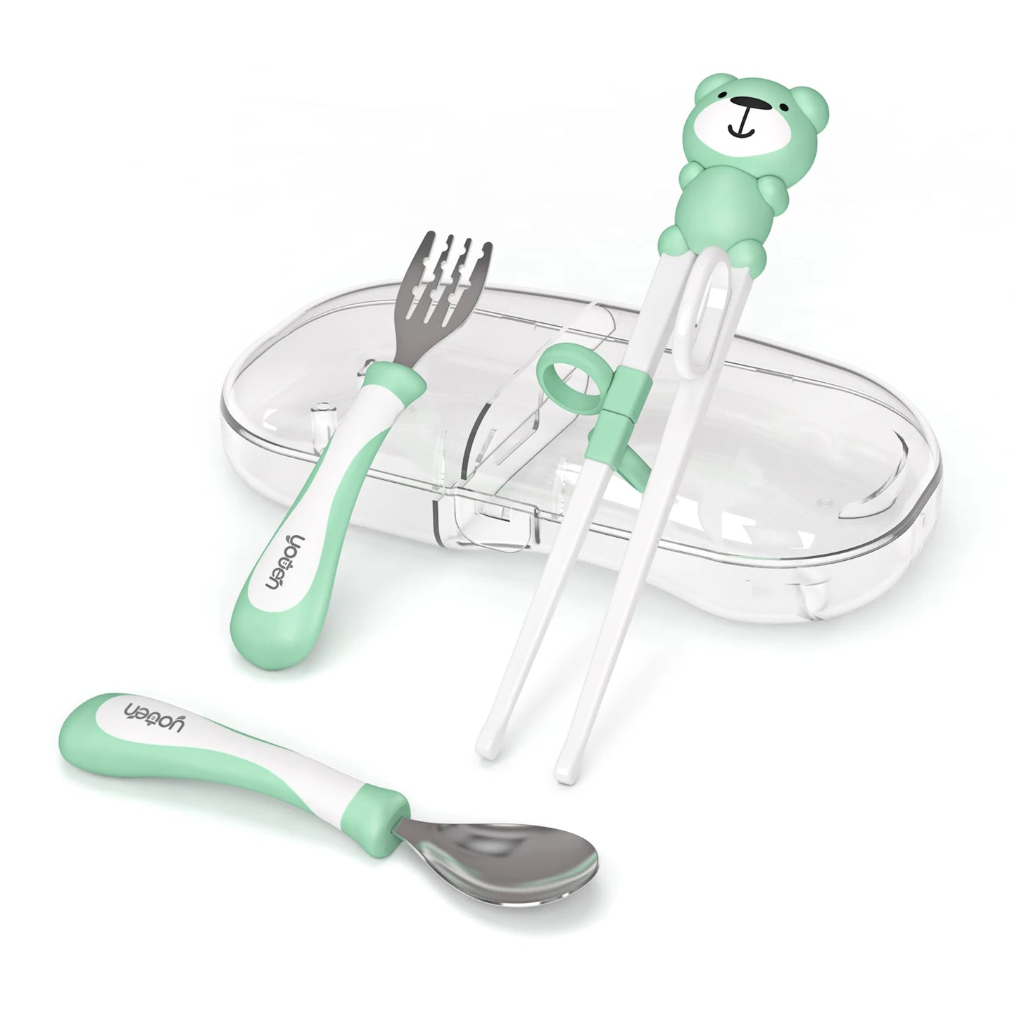 Kids Forks Training Chopsticks Flat Edge Stainless Steel Fork Spoon Grooved Baby Feeding Tableware Set With Case