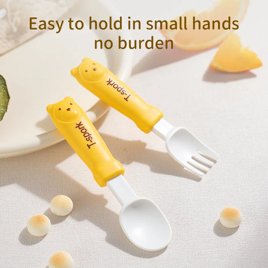 Children's cartoon tableware fork and spoon, baby feeding fork spoon set, Cute little bear baby safe food grade feeding spoon.