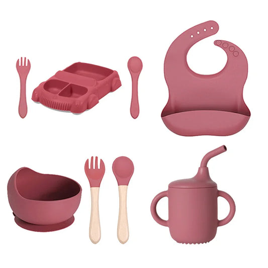 2024 Am Azon Bpa Free Baby Non-slip Children Weaning Baby Feeding Set Suction Kids Dining Silicone Baby Cup Bib Spoon Plate Bowl