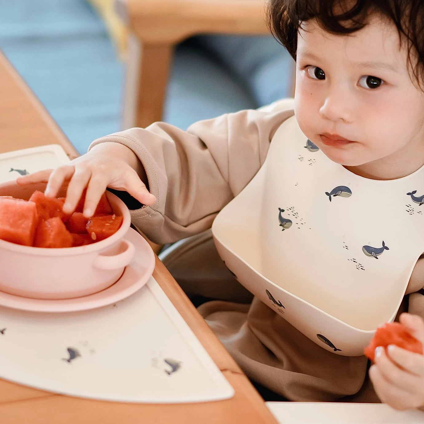 Cute Adjustable Soft Silicone Bibs Baby Whale Plate Animal Print OEM Supply Baby Feeding Supplies Button Closure for Girls Boys