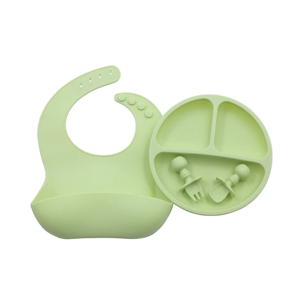 Wholesale Hot Food Safe Silicon Children Divided Plate Kids Spoon and Bib Silicone Baby Feeding Set
