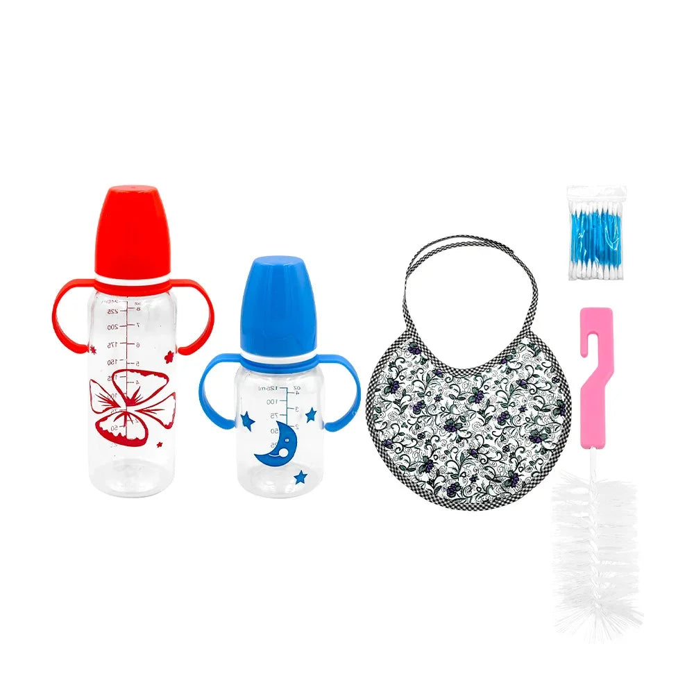 GDL Baby Feeding Supplies Kit with Printed Bib Cotton Swabs Cleaning Brush 2 Bottles of 125-240 ml