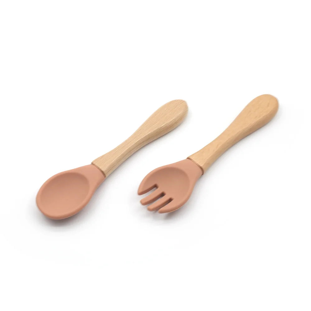 New Design Banana High Quality BPA Free Soft Baby Feeding Training Spoon Silicone Baby Wooden Handle Spoon Fork