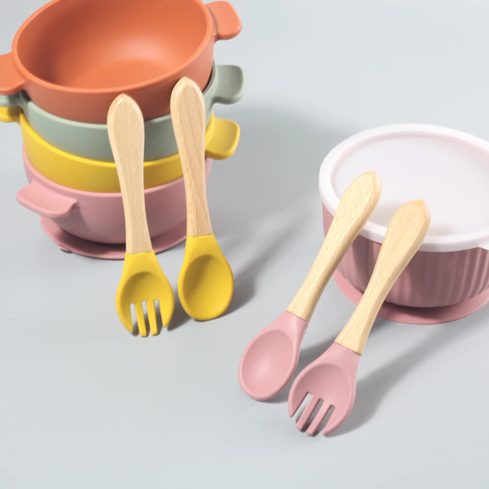 New Design Banana High Quality BPA Free Soft Baby Feeding Training Spoon Silicone Baby Wooden Handle Spoon Fork