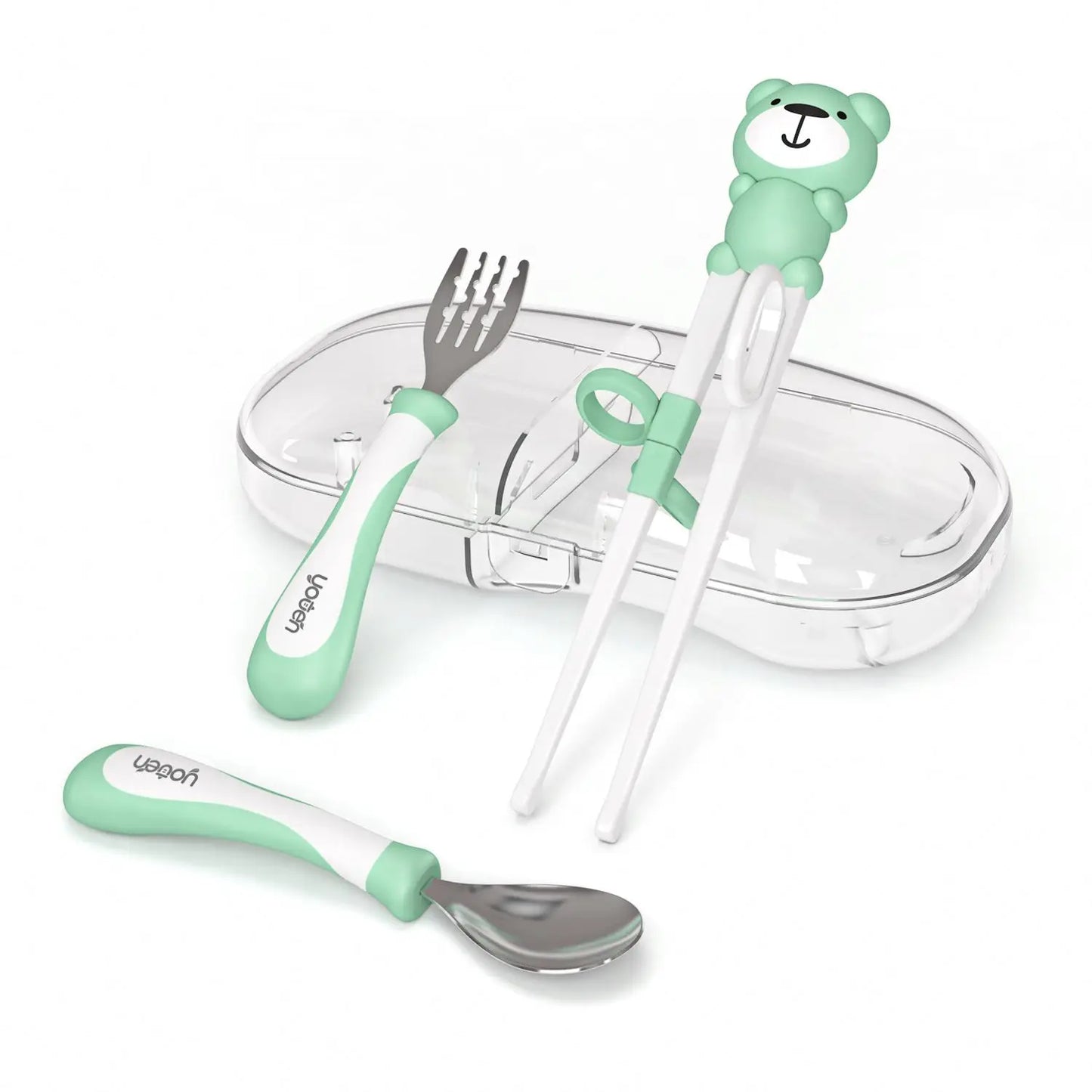 Kids Forks Training Chopsticks Flat Edge Stainless Steel Fork Spoon Grooved Baby Feeding Tableware Set With Case