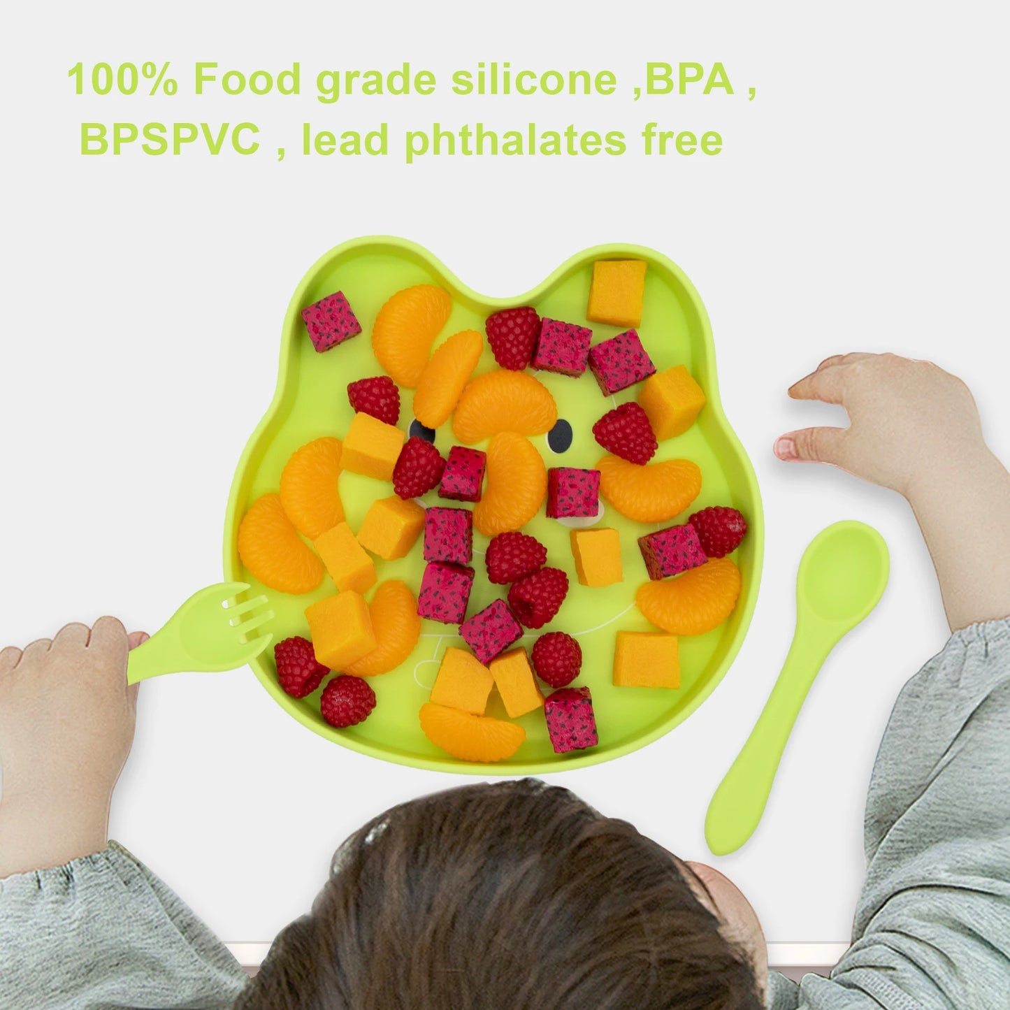 Quick Delivery, High Quality, Easy to Grip, Spill Proof Silicone Baby Feeding Set, Cartoon Food Tray, Spoon and Fork