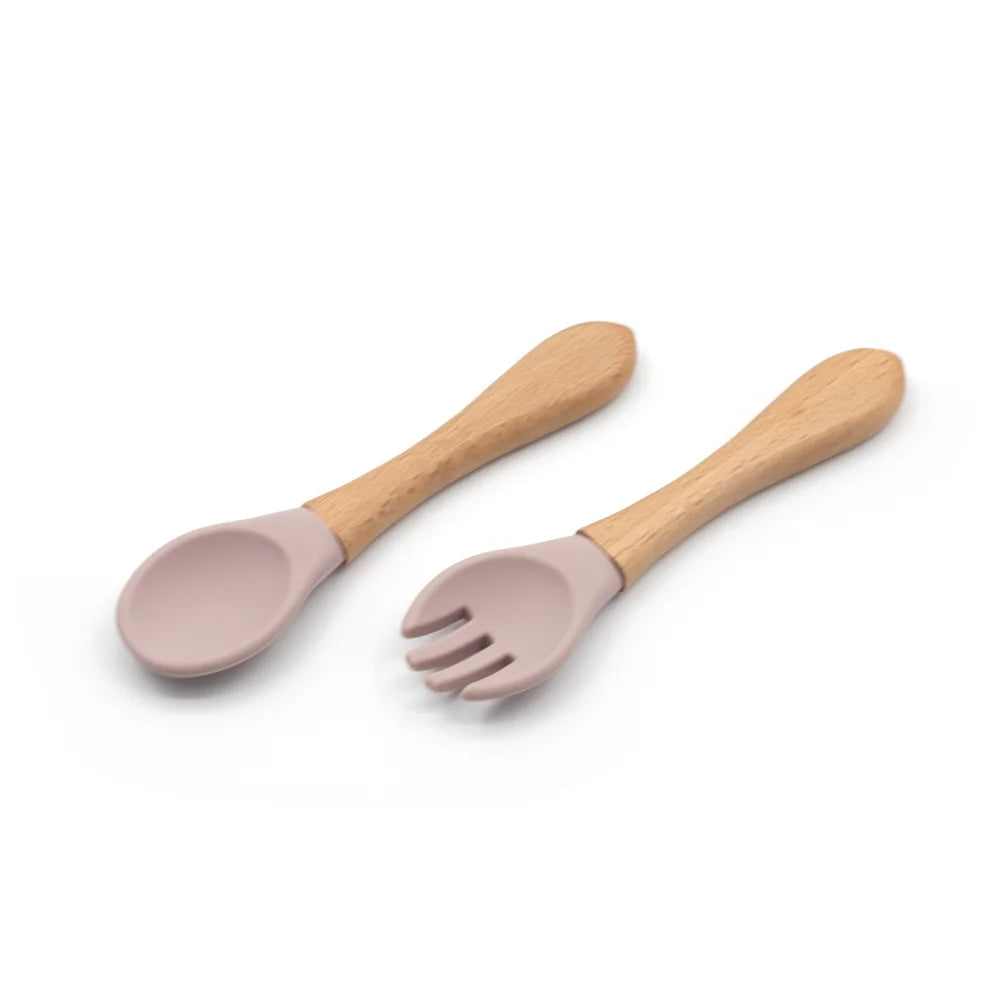 New Design Banana High Quality BPA Free Soft Baby Feeding Training Spoon Silicone Baby Wooden Handle Spoon Fork
