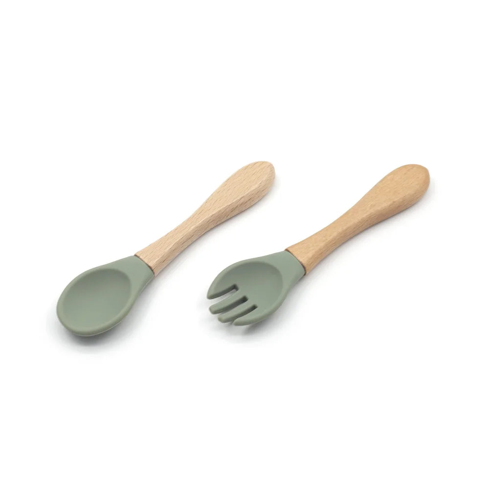 New Design Banana High Quality BPA Free Soft Baby Feeding Training Spoon Silicone Baby Wooden Handle Spoon Fork