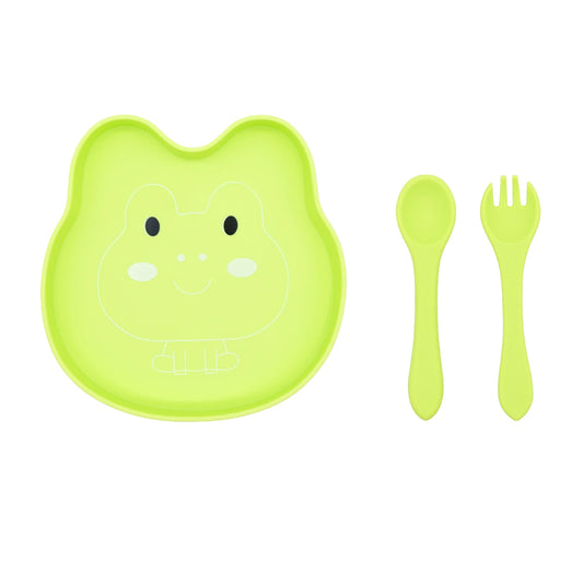 Quick Delivery, High Quality, Easy to Grip, Spill Proof Silicone Baby Feeding Set, Cartoon Food Tray, Spoon and Fork