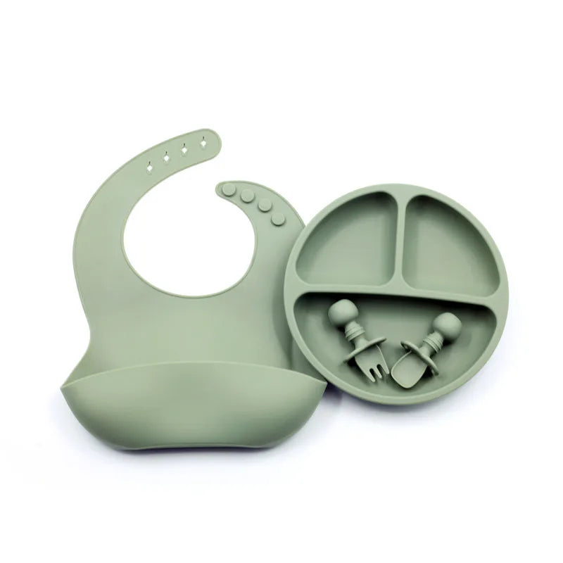 Wholesale Hot Food Safe Silicon Children Divided Plate Kids Spoon and Bib Silicone Baby Feeding Set