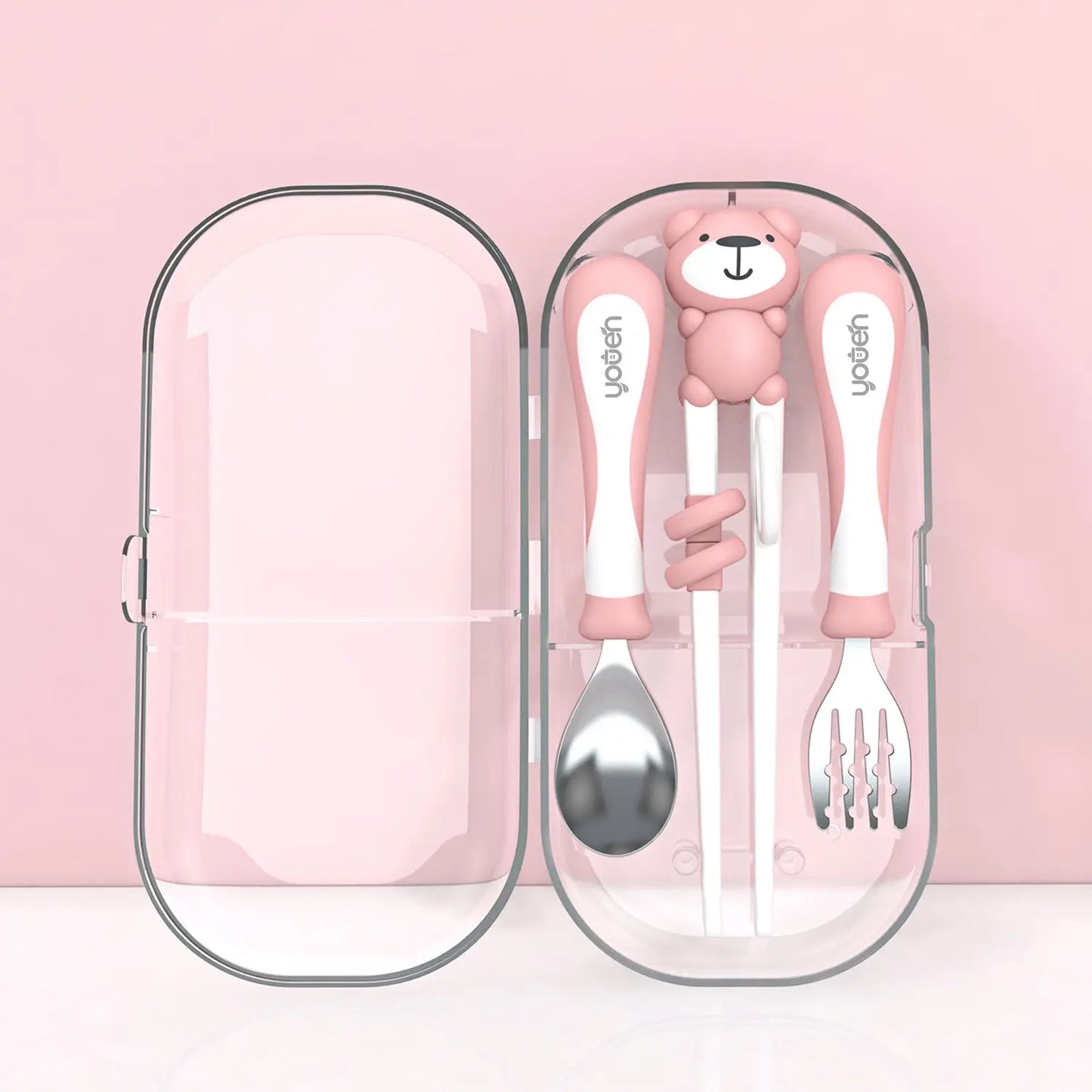 Kids Forks Training Chopsticks Flat Edge Stainless Steel Fork Spoon Grooved Baby Feeding Tableware Set With Case