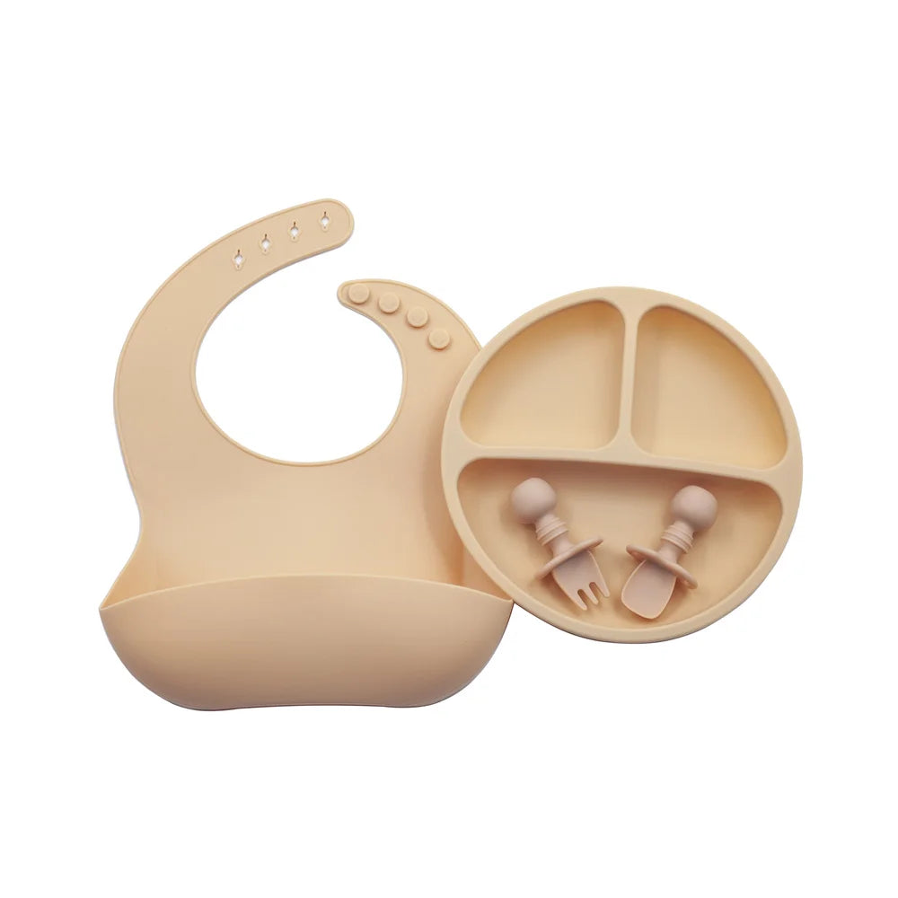 Wholesale Hot Food Safe Silicon Children Divided Plate Kids Spoon and Bib Silicone Baby Feeding Set