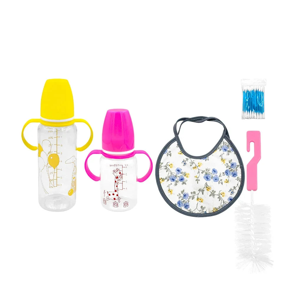 GDL Baby Feeding Supplies Kit with Printed Bib Cotton Swabs Cleaning Brush 2 Bottles of 125-240 ml