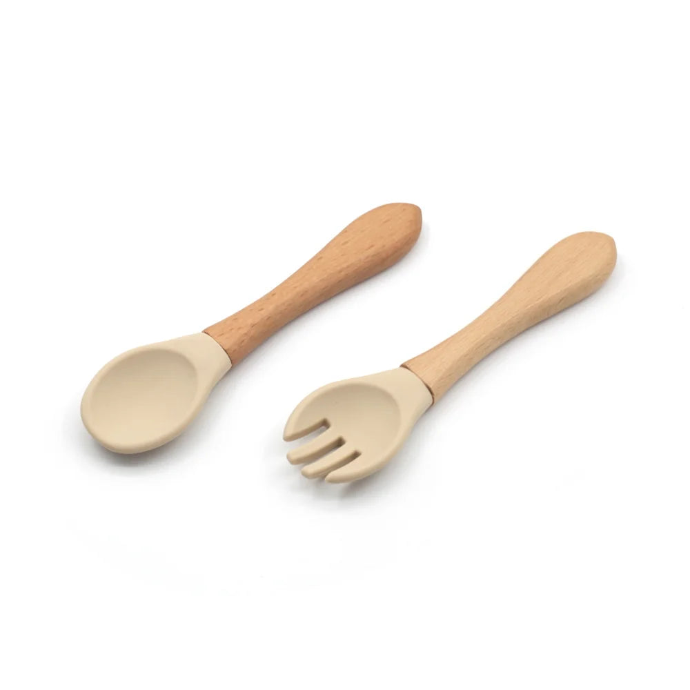New Design Banana High Quality BPA Free Soft Baby Feeding Training Spoon Silicone Baby Wooden Handle Spoon Fork