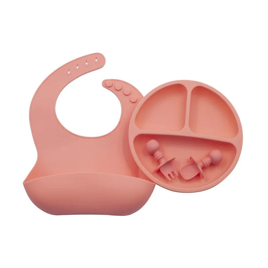 Wholesale Hot Food Safe Silicon Children Divided Plate Kids Spoon and Bib Silicone Baby Feeding Set