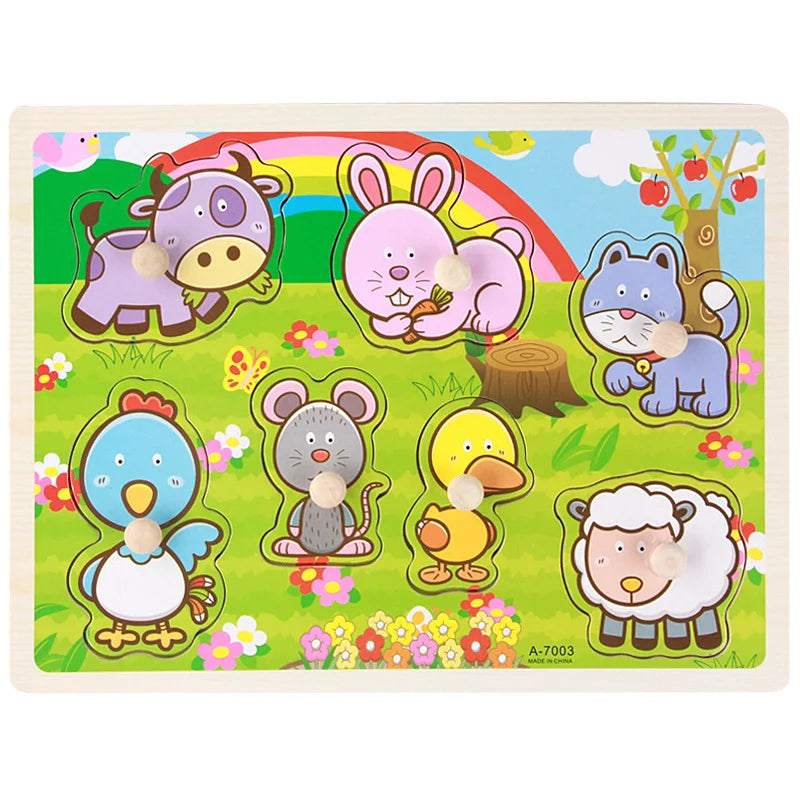 30cm Baby Toys Montessori Wooden Puzzle Hand Grab Board Educational Wood Puzzles for Kids Cartoon Animal Vehicle Child Gift