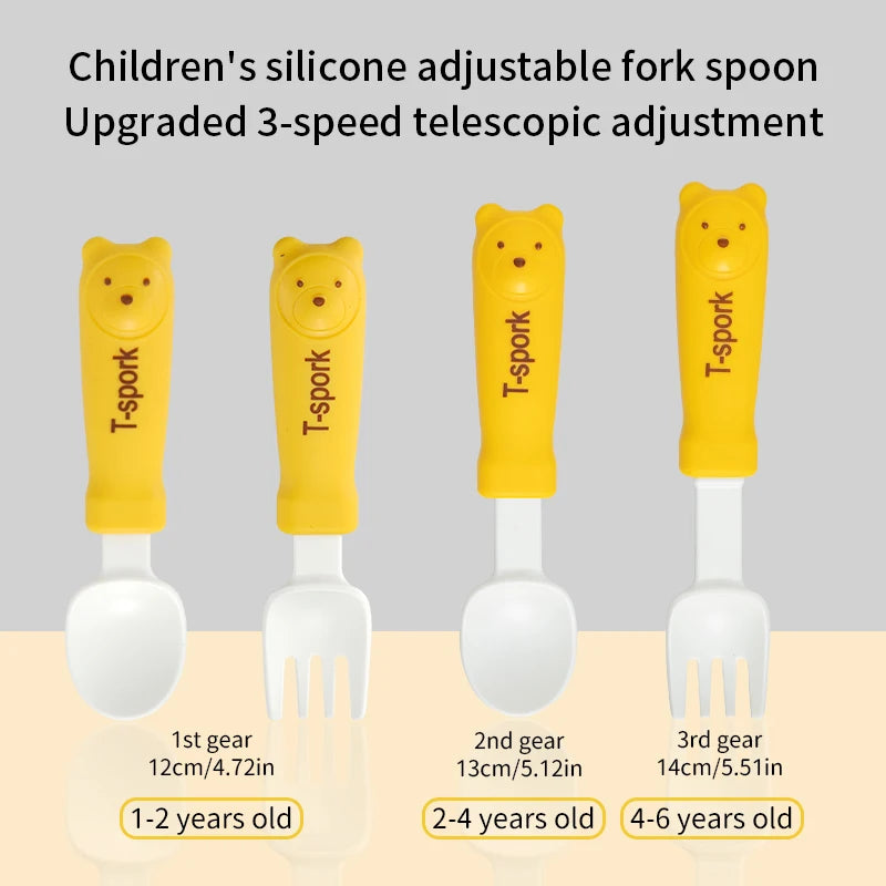 Children's cartoon tableware fork and spoon, baby feeding fork spoon set, Cute little bear baby safe food grade feeding spoon.