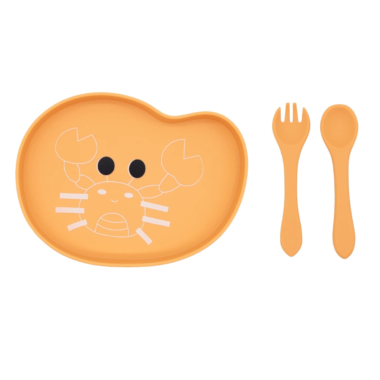 Quick delivery, high quality, easy to grip, spill proof silicone baby feeding set, cartoon food tray, spoon and fork